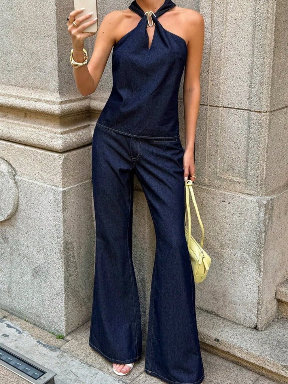 Dark Wash Elegant Women's Two-Piece Halter Top & Straight-Leg Jeans - Picture 6 of 7